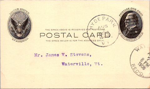 VT, HYDE PARK - H M McFarland - 1908 note about freight being late - Postal Card