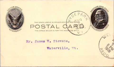 VT, Hyde Park - H M McFARLAND - 1908 note about freight being late - Postal Card