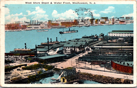 NJ, Weehawken - West Shore Depot, Water Front - 1927 postcard - NL0524