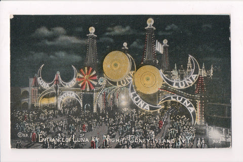 NY, Coney Island - Luna Park, Entrance at night, vintage postcard - C06575