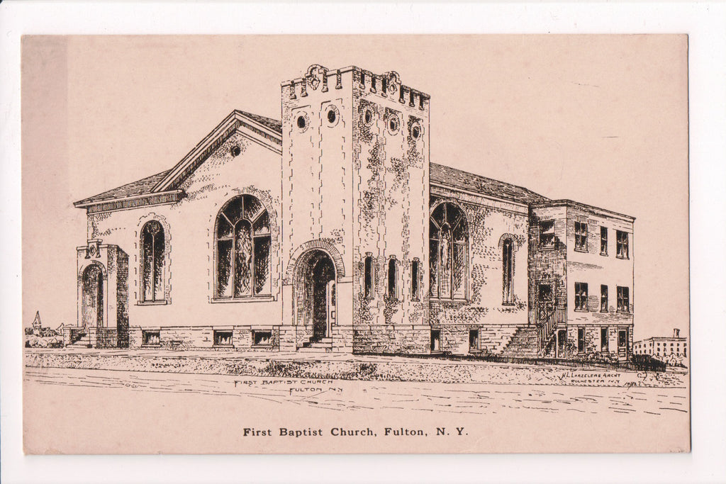 NY, FULTON - First Baptist Church, H L Larzelere? architect postcard - D17135