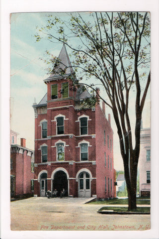 NY, Johnstown - Fire Dept and City Hall, Firemen postcard closeup - A12057