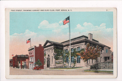 NY, Port Jervis - Pike Street, Library, Elks Club postcard - G03370