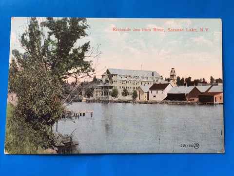 NY, Saranac Lake - Riverside Inn from river postcard - H15057