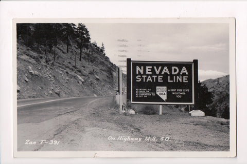 NV - Nevada State Line Boundary Sign, US 40 - @1949 RPPC postcard - B11409