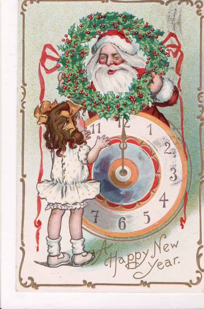 New Year - girl, clock, santa face in wreath - unsigned K Gassaway - T00258