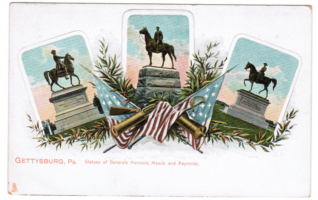 Vintage Patriotic Postcard, Gen Hancock, Meade, Reynolds statues - PAT B08180
