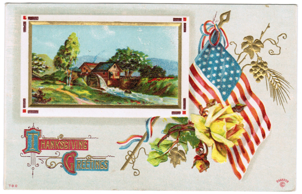 Vintage Patriotic Postcard Thanksgiving, flag, yellow rose - C08505
