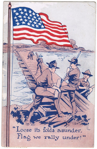 Vintage Patriotic Postcard US Flag on Pole, Army men working - C08509