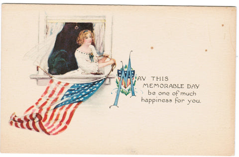 Vintage Patriotic Postcard with a lady hanging out her flag - PAT SH7297