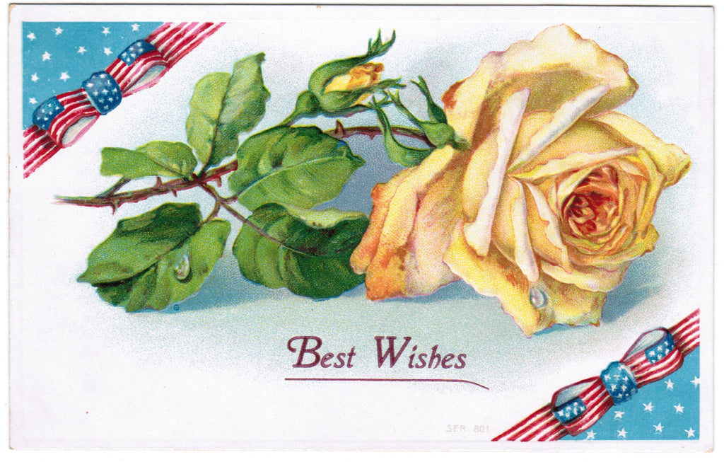Vintage Patriotic Postcard large yellow rose with ribbons - w03186