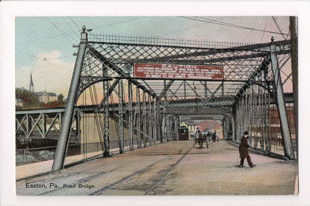 PA, EASTON - Road Bridge closeup, with Caution sign above it - CP0664