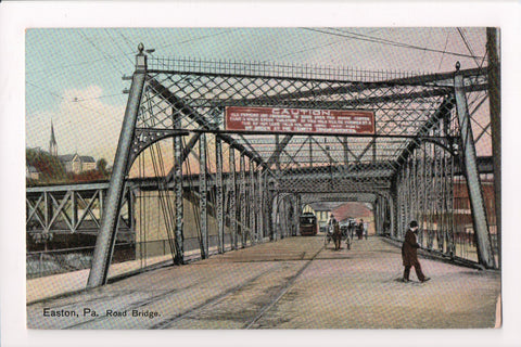 PA, Easton - Road Bridge closeup, with Caution sign above it - CP0664