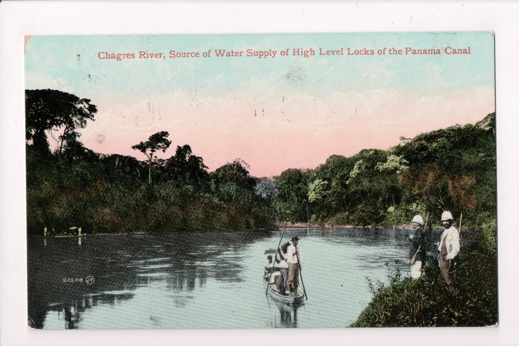 Foreign postcard - Panama Canal - Chagres River, misc military with guns - D1745