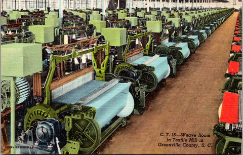 SC, GREENVILLE - Weave Room in Textile Mill, machinery up close postcard - R0012