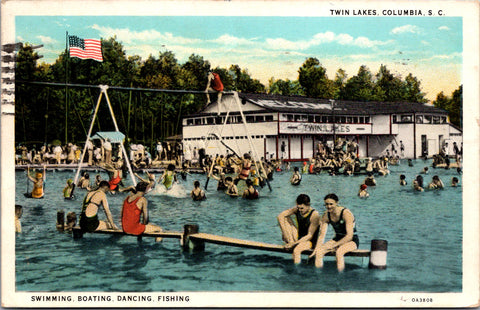 SC, COLUMBIA - Twin Lakes building, swing set in pool, people postcard - R00123