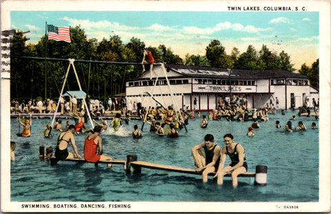 SC, Columbia - Twin Lakes building, swing set in pool, people postcard - R00123