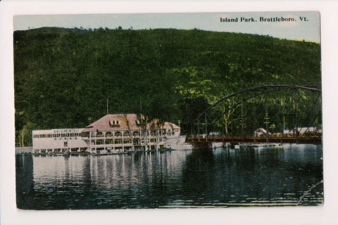 VT, Brattleboro - Island Park - building, steel bridge - 1913 postcard - R00202