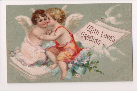 Valentine postcard - With Loves Greeting - kissing angels - S01183