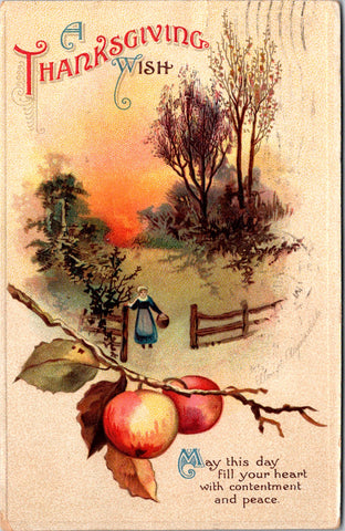 Thanksgiving - Country scene, lady, apples on branch - Clapsaddle - S01199