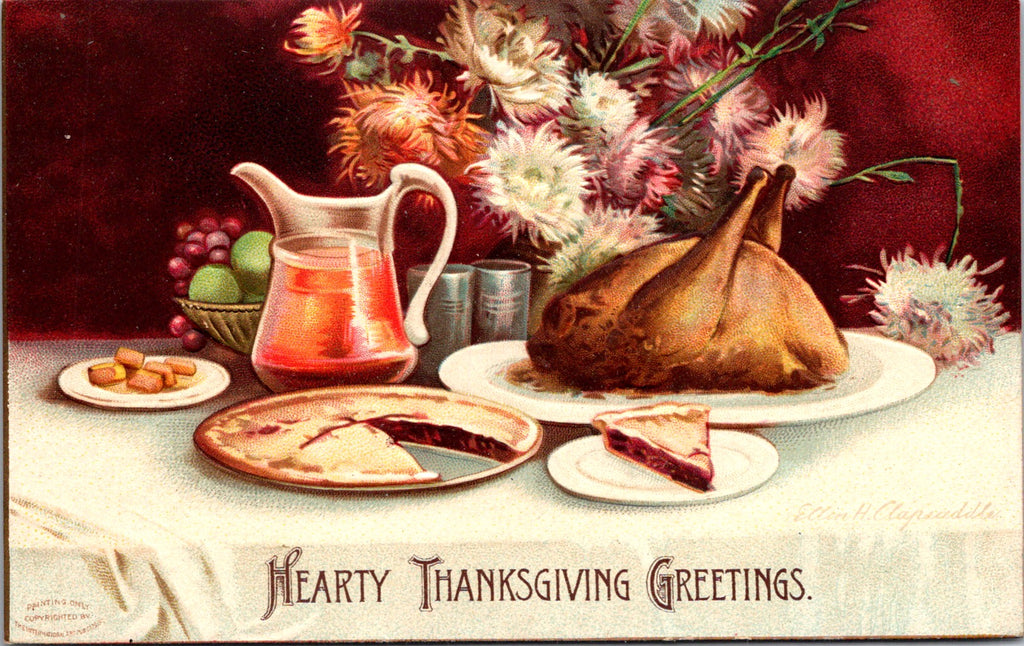 Thanksgiving - Turkey, pie etc on table - Clapsaddle - S01295