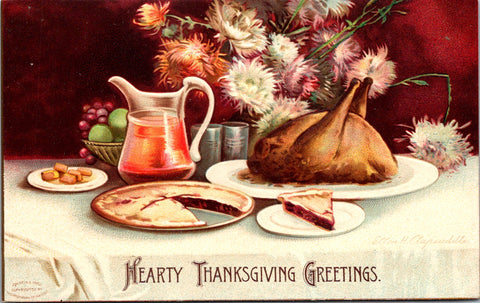 Thanksgiving - Turkey, pie etc on table - Clapsaddle - S01295