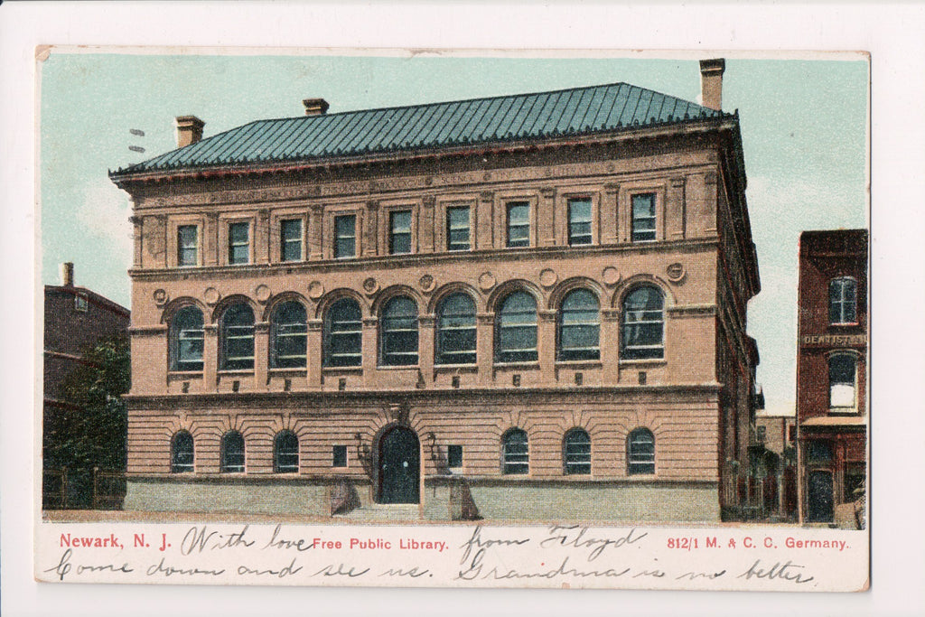 NJ, Newark - Free Public Library - Dentist sign postcard - S01397