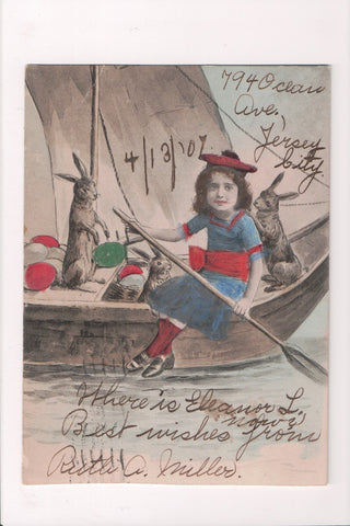 Easter postcard - young girl, rabbits on sail boat w/eggs - SH7210
