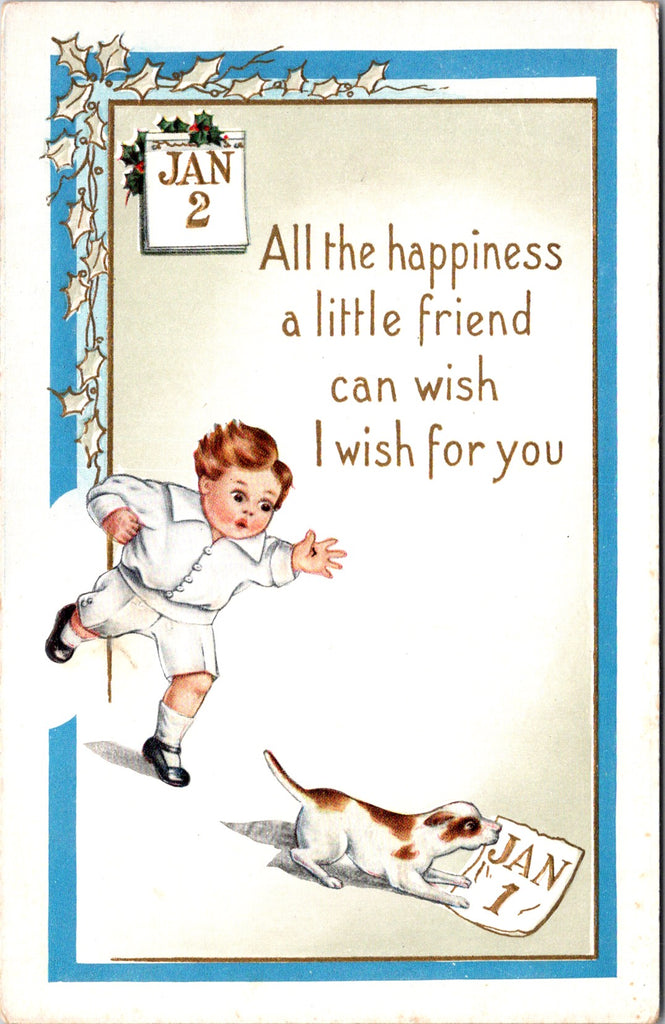 New Year - Boy chasing dog with Jan 1 page - Whitney Made postcard - SH7234