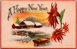 New Year - red or orange bordered card, winter scene postcard - SL2006