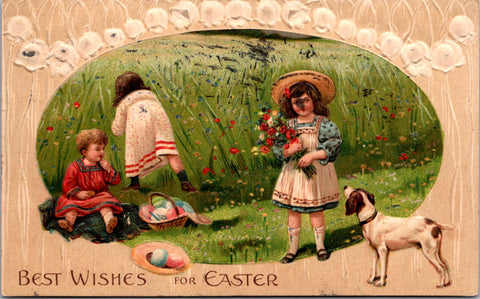 Easter - kids picking flowers, basket of eggs, dog postcard - SL2052