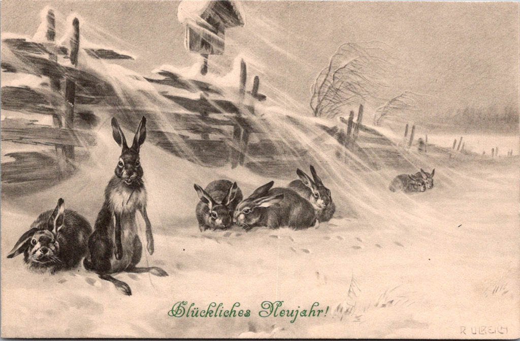 New Year - Gluckliches Neujahr - Hares in snow - M Munk No 472 - SL2108