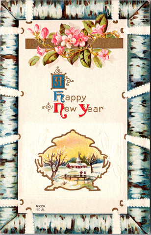 New Year - Blue Birch type frame - Nash postcard - SL2155