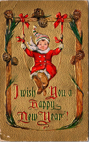 New Year - boy on a swing, pine cones, gold background postcard - SL2168