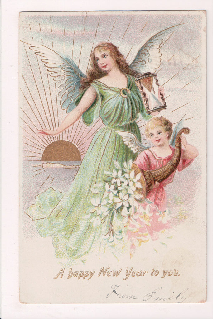 New Year postcard - Angels, hour glass, horn of plenty - SL2183