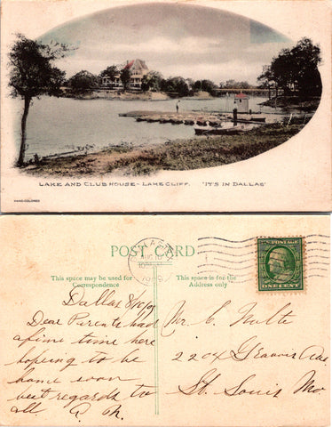 TX, Dallas - Lake Cliff Club House, lake - @1909 postcard  - sl2239