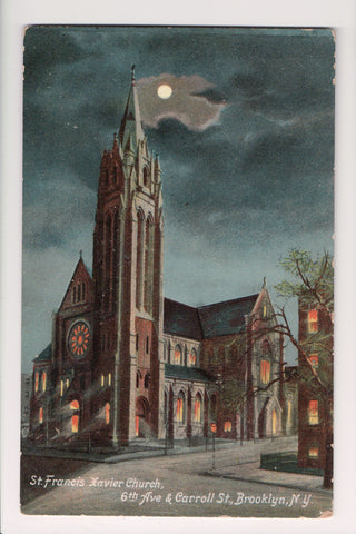 NY, BROOKLYN - St Francis Xavier Church at night postcard - SL2751