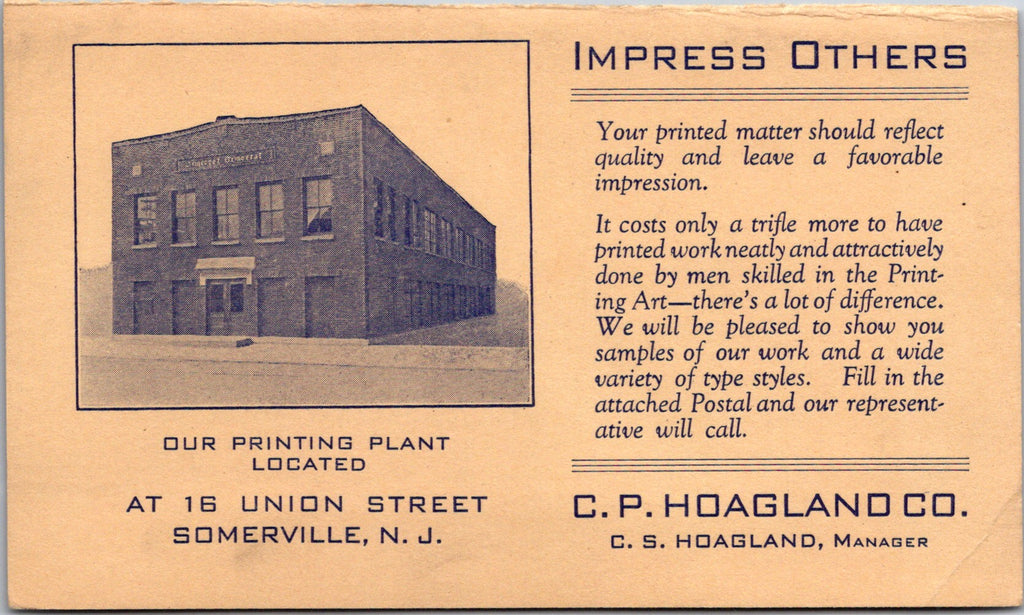 NJ, SOMERVILLE - C P Hoagland Co printing plant correspondence card - SL2805