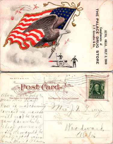 OK, Alva - Palace Drug Store, J F Greenlee patriotic card - SL2811