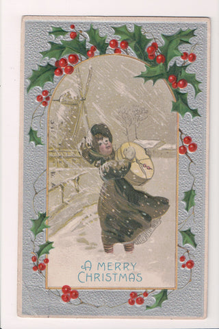 Xmas postcard - Christmas - Girl w/hat box in snow - SL2881