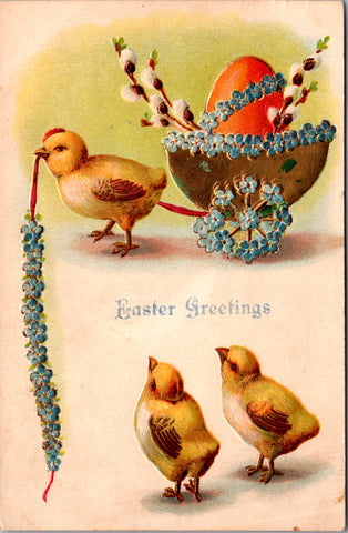 Easter - couple little chicks, one pulling an egg cart postcard - SL2885