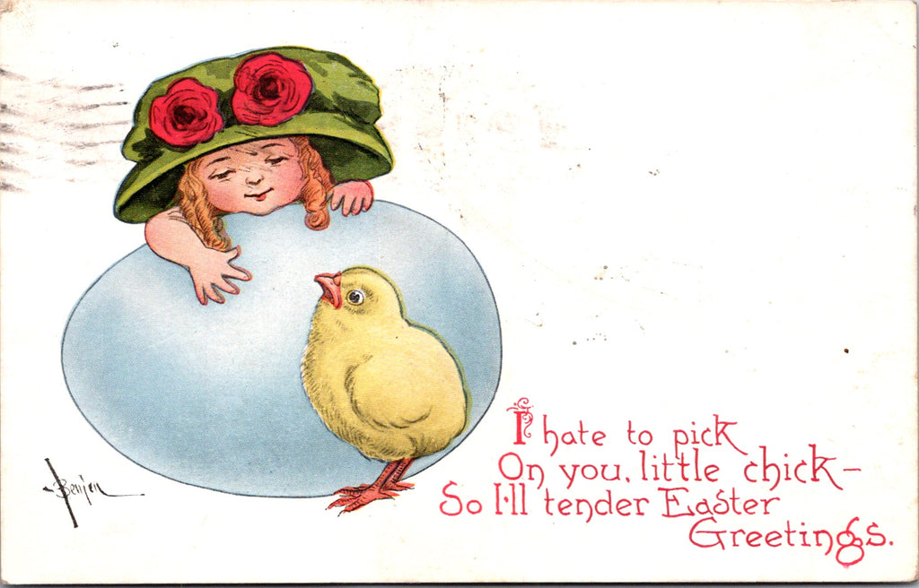Easter - girl in large green hat leaning over large blue egg postcard - SL2886