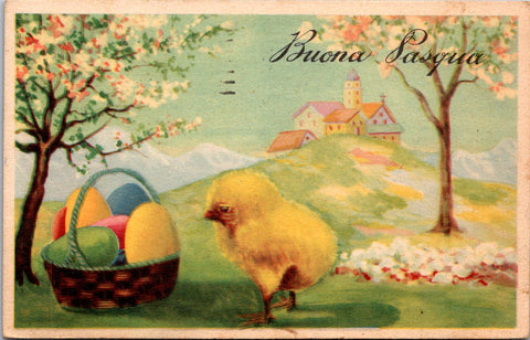 Easter - Buona Pasqua - yellow chick, basket of colored eggs postcard - SL2887