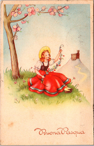 Easter - Buona Pasqua - girl on ground in red dress postcard - SL2888