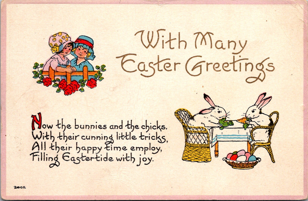 Easter - Anthropomorphic rabbits sitting in chairs eating postcard - SL2960