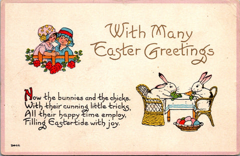 Easter - Anthropomorphic rabbits sitting in chairs eating postcard - SL2960