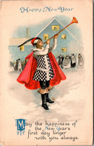 New Year - person blowing long horn - Wolf and Co postcard - SL2977