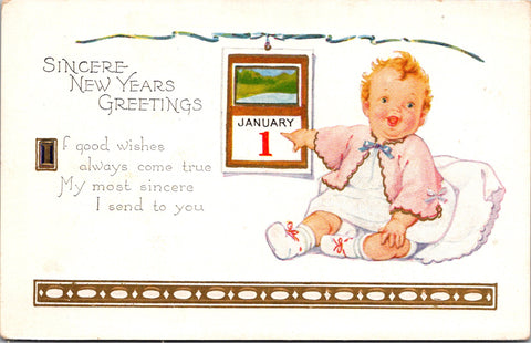 New Year - baby pointing to January 1 on the calendar postcard - SL2978