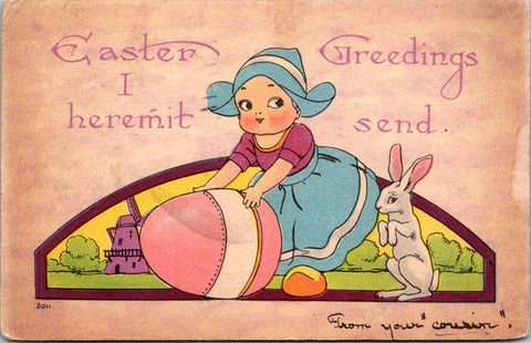 Easter - Dutch girl with large pink egg and rabbit postcard - SL2898
