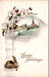 Easter - rabbit, bell, white lilies purple flowers postcard - SL3000